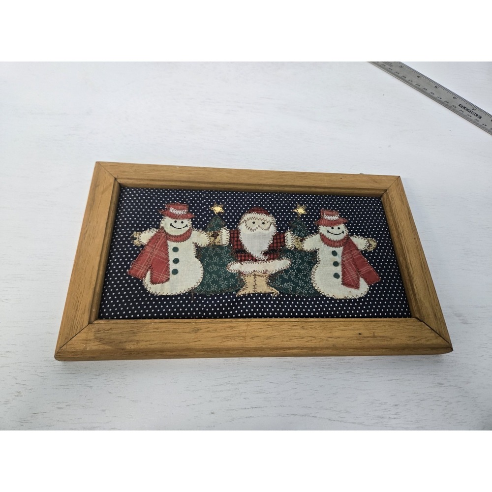 VTG‎ Old Fashioned Quilt Stitched Santa Claus and Snowman Framed Christmas